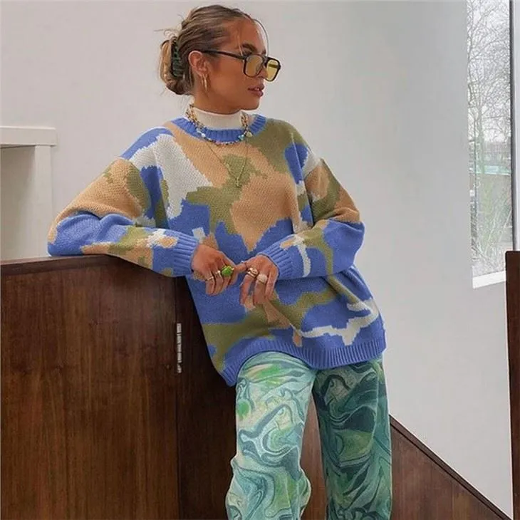 Women's Sweater Fashion Color Matching Round Neck Jacquard Knitted Sweater